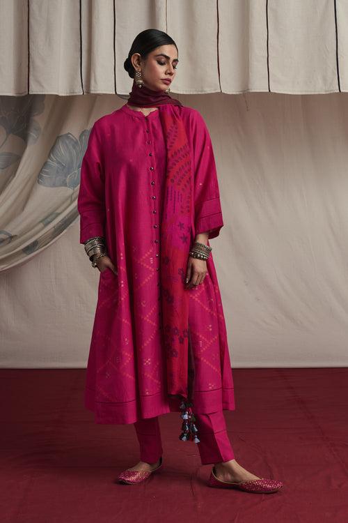 Hot pink hand woven silk and khadi cotton jamdani Nehal kurta set.