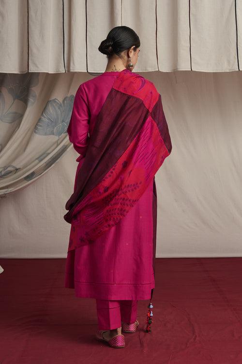 Hot pink hand woven silk and khadi cotton jamdani Nehal kurta set.