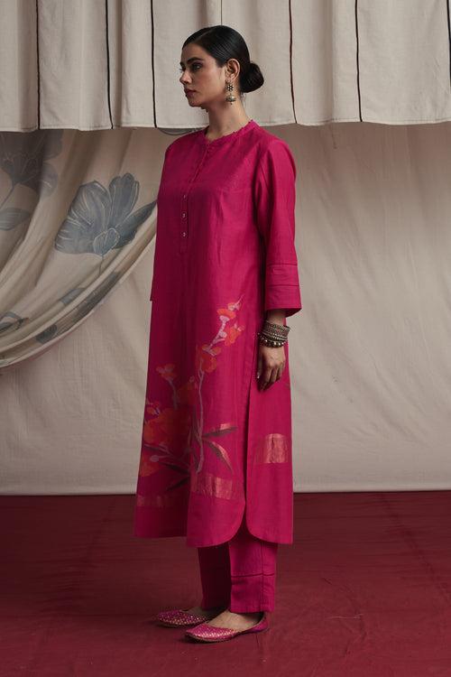 Hot pink hand woven silk and khadi cotton jamdani Sierra kurta set.