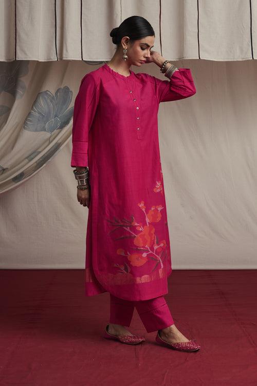 Hot pink hand woven silk and khadi cotton jamdani Sierra kurta set.