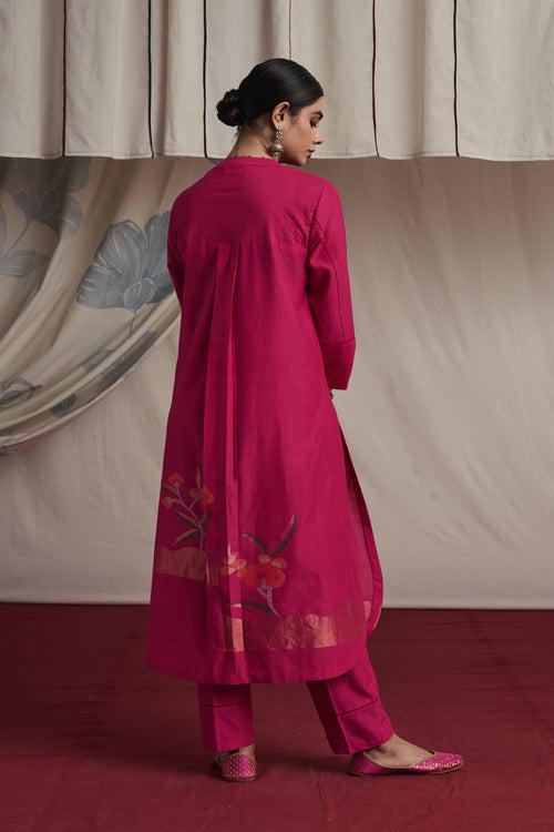 Hot pink hand woven silk and khadi cotton jamdani Sierra kurta set.