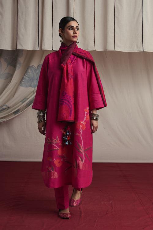 Hot pink hand woven silk and khadi cotton jamdani Sierra kurta set.