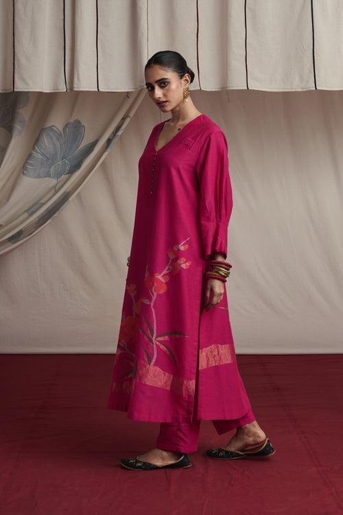 Hot pink hand woven silk and khadi cotton jamdani Ilena kurta set.