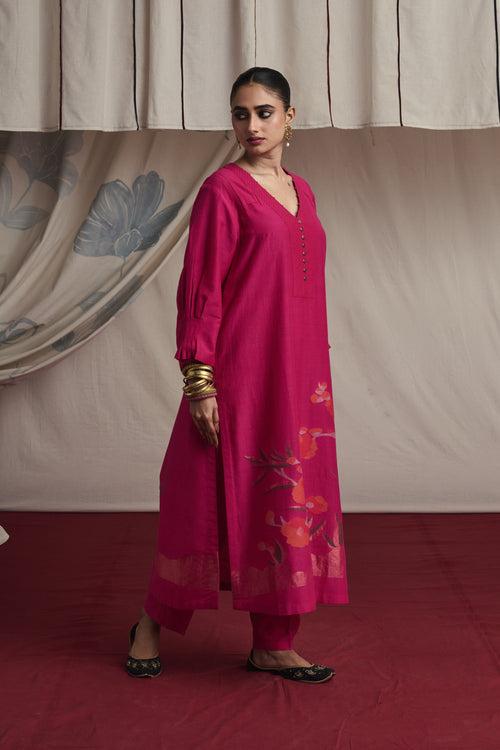 Hot pink hand woven silk and khadi cotton jamdani Ilena kurta set.