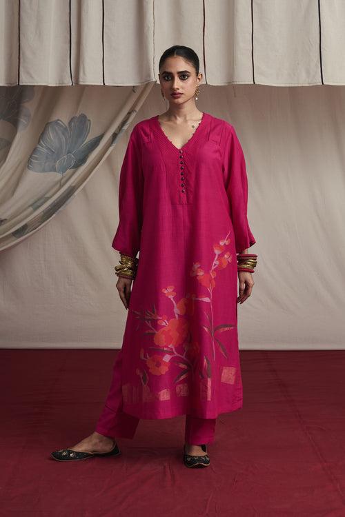 Hot pink hand woven silk and khadi cotton jamdani Ilena kurta set.