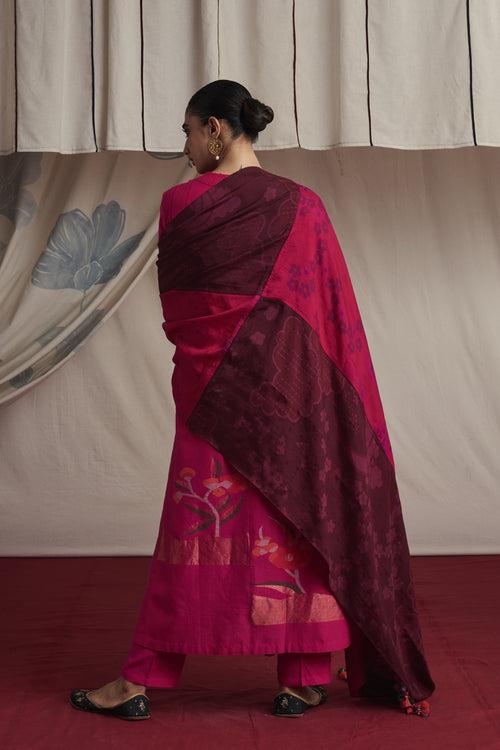 Hot pink hand woven silk and khadi cotton jamdani Ilena kurta set.