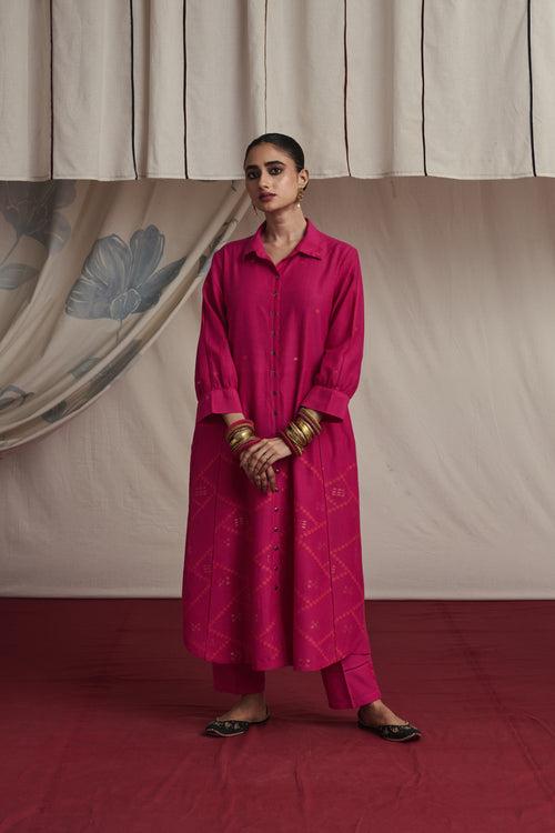 Hot pink hand woven silk and khadi cotton jamdani Hanya kurta set.