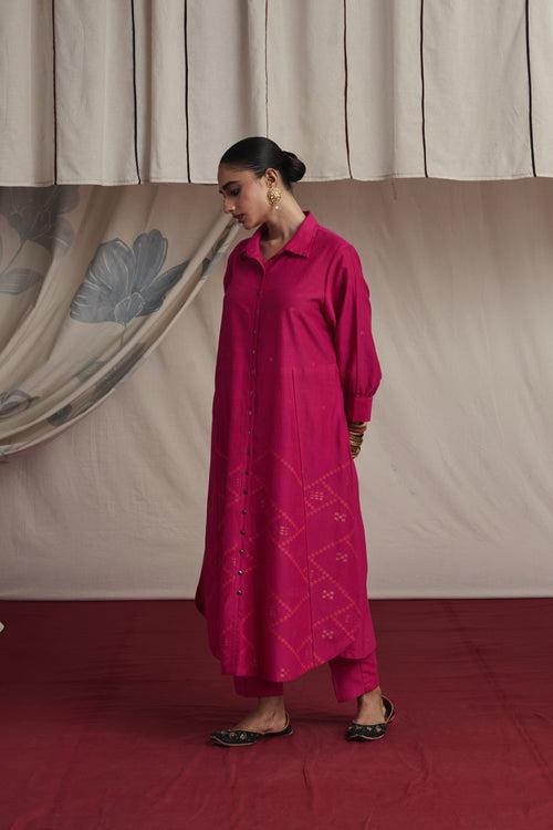 Hot pink hand woven silk and khadi cotton jamdani Hanya kurta set.