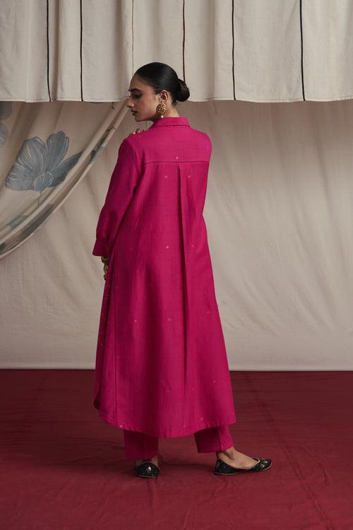 Hot pink hand woven silk and khadi cotton jamdani Hanya kurta set.