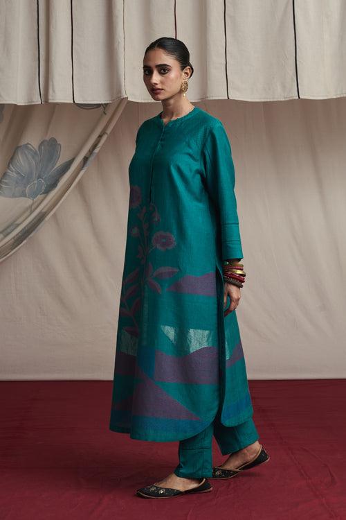 Torquoise hand woven silk and khadi cotton jamdani Harleen kurta set.