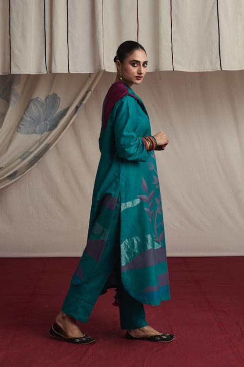 Torquoise hand woven silk and khadi cotton jamdani Harleen kurta set.