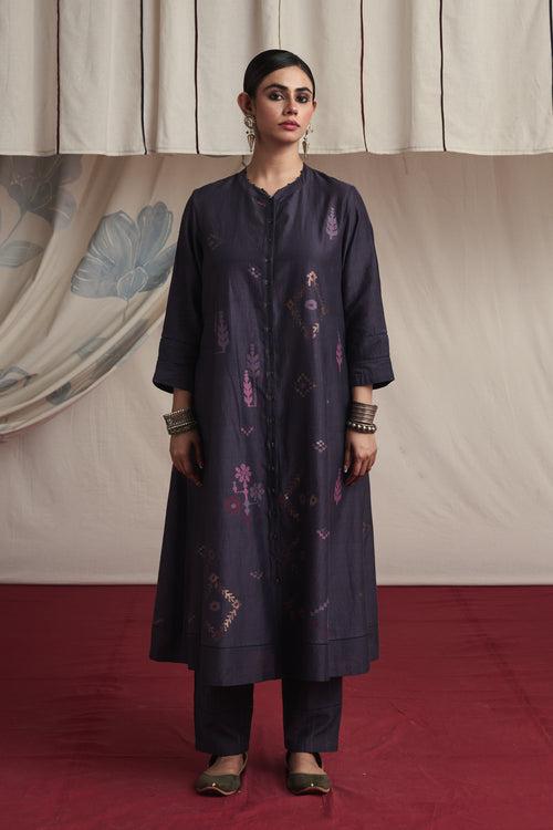 Charcoal hand woven silk and khadi cotton jamdani Naila kurta set
