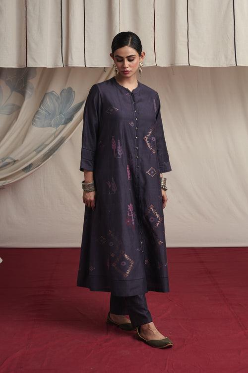 Charcoal hand woven silk and khadi cotton jamdani Naila kurta set