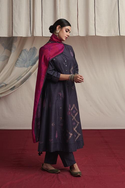 Charcoal hand woven silk and khadi cotton jamdani Naila kurta set