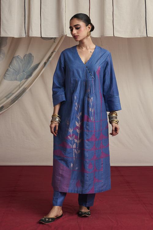 Mauvish blue hand woven silk and khadi cotton jamdani Ryssa kurta set.