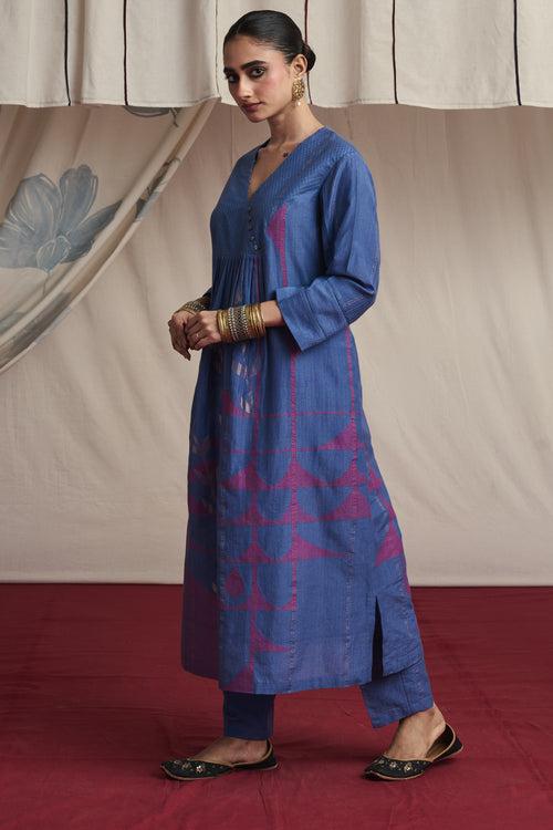 Mauvish blue hand woven silk and khadi cotton jamdani Ryssa kurta set.