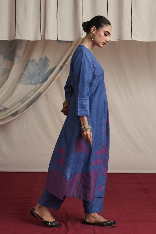 Mauvish blue hand woven silk and khadi cotton jamdani Ryssa kurta set.