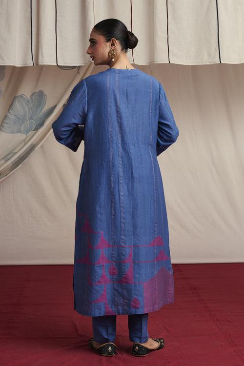 Mauvish blue hand woven silk and khadi cotton jamdani Ryssa kurta set.