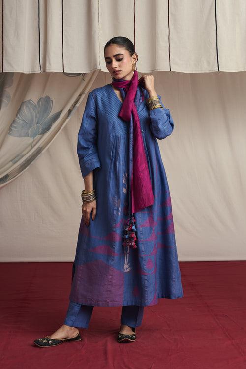 Mauvish blue hand woven silk and khadi cotton jamdani Ryssa kurta set.