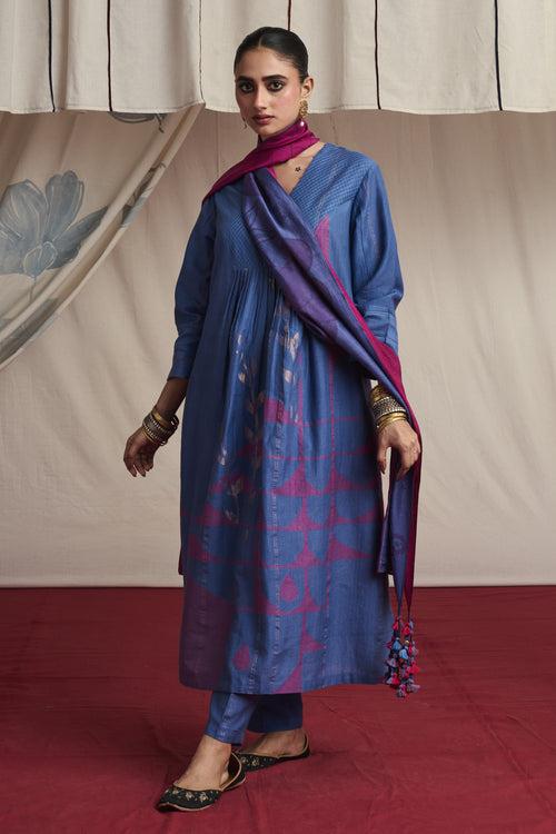 Mauvish blue hand woven silk and khadi cotton jamdani Ryssa kurta set.