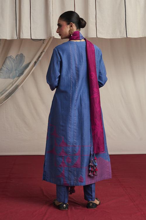 Mauvish blue hand woven silk and khadi cotton jamdani Ryssa kurta set.