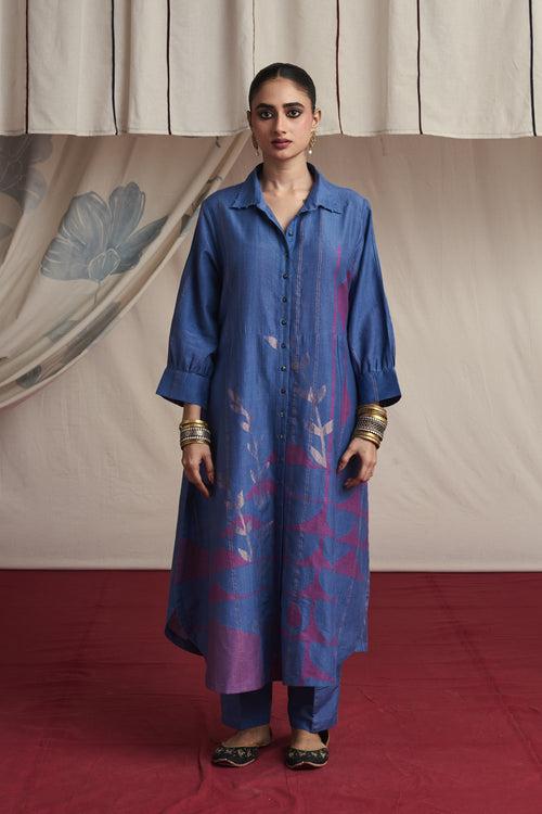 Mauvish blue hand woven silk and khadi cotton jamdani Adhya kurta set.