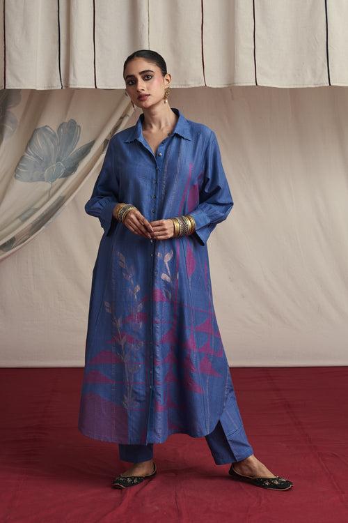 Mauvish blue hand woven silk and khadi cotton jamdani Adhya kurta set.