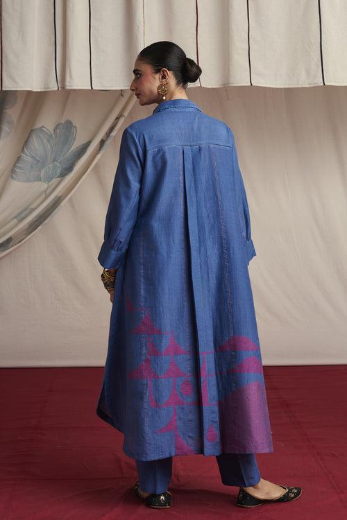 Mauvish blue hand woven silk and khadi cotton jamdani Adhya kurta set.