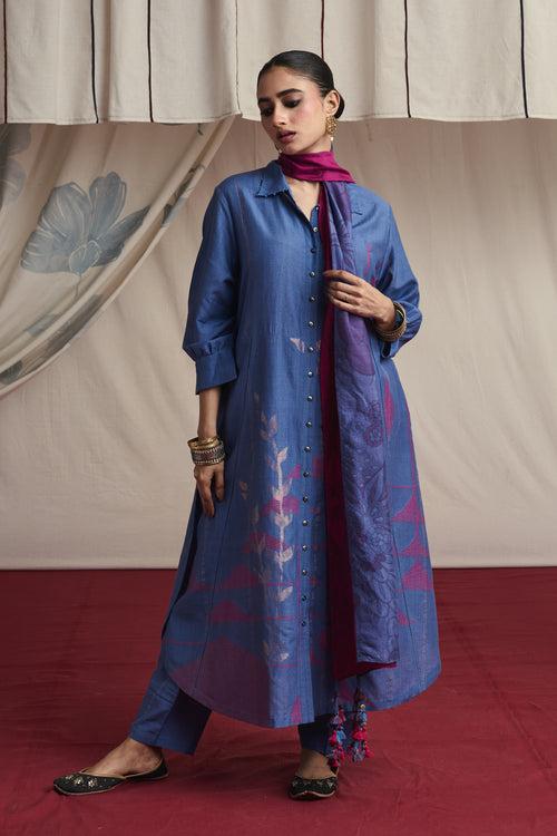 Mauvish blue hand woven silk and khadi cotton jamdani Adhya kurta set.