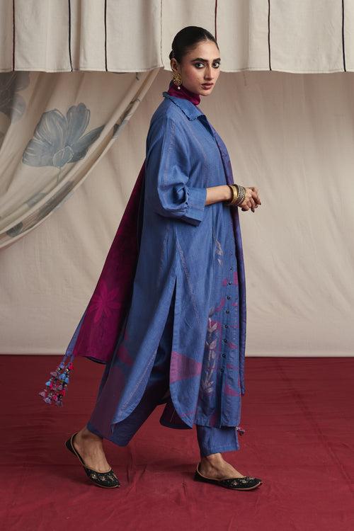 Mauvish blue hand woven silk and khadi cotton jamdani Adhya kurta set.