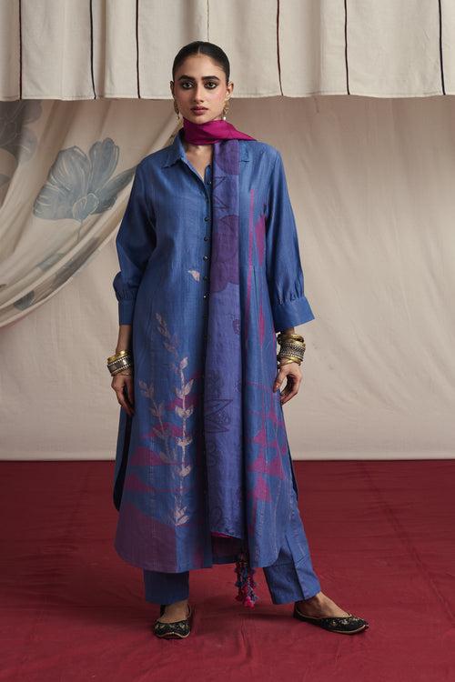 Mauvish blue hand woven silk and khadi cotton jamdani Adhya kurta set.