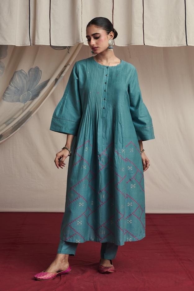 Ice blue hand woven silk and khadi cotton jamdani Fiza kurta set