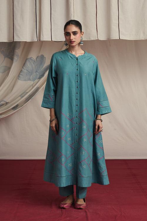 Ice blue hand woven silk and khadi cotton jamdani Nitara kurta set.