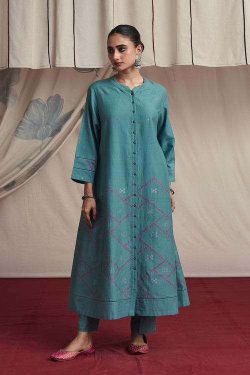 Ice blue hand woven silk and khadi cotton jamdani Nitara kurta set.