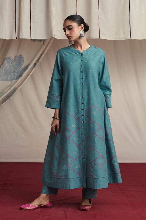 Ice blue hand woven silk and khadi cotton jamdani Nitara kurta set.