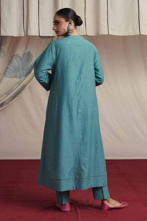 Ice blue hand woven silk and khadi cotton jamdani Nitara kurta set.