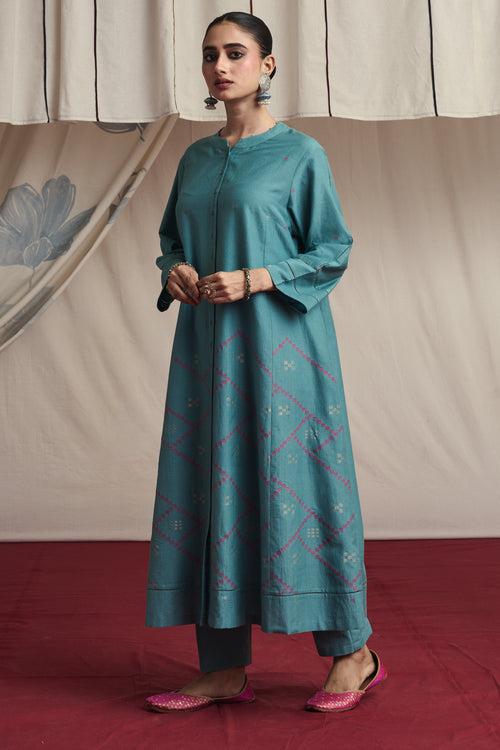 Ice blue hand woven silk and khadi cotton jamdani Nitara kurta set.