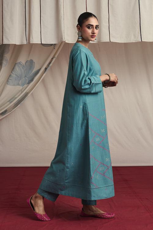 Ice blue hand woven silk and khadi cotton jamdani Nitara kurta set.