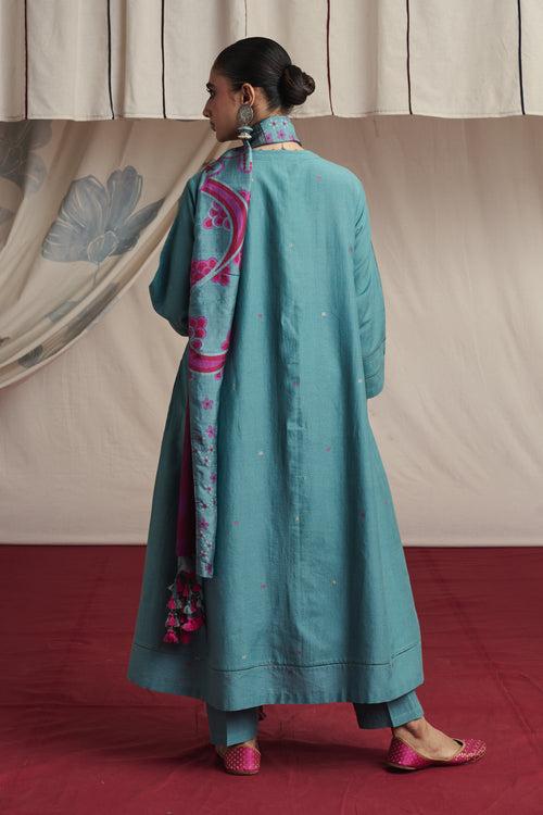 Ice blue hand woven silk and khadi cotton jamdani Nitara kurta set.