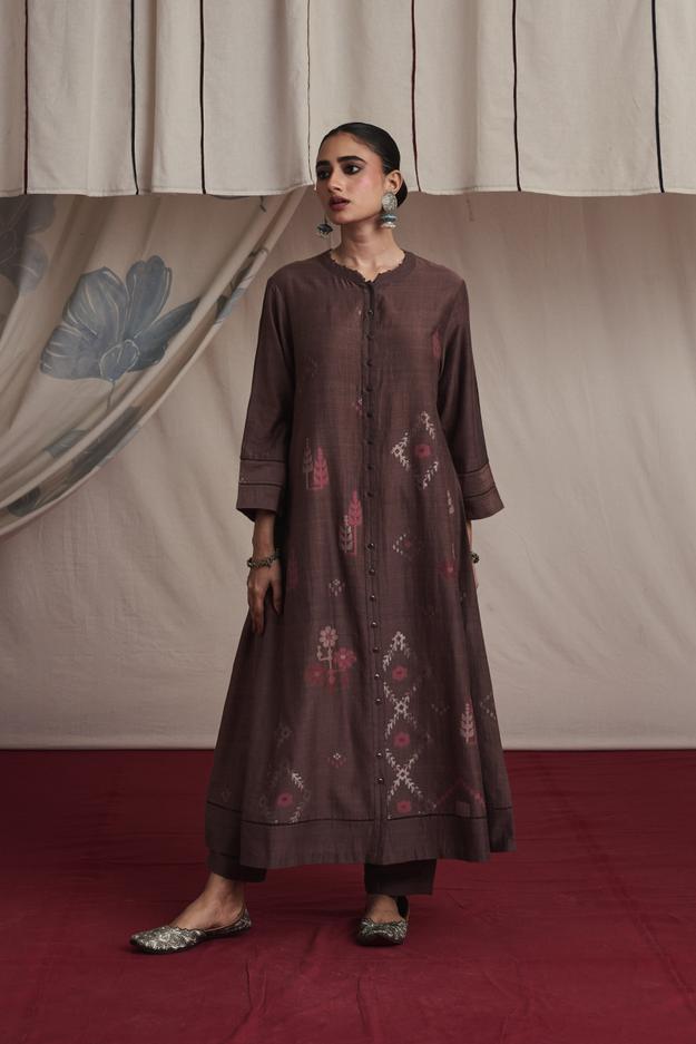 Snuff brown hand woven silk and khadi cotton jamdani Husaina kurta set.