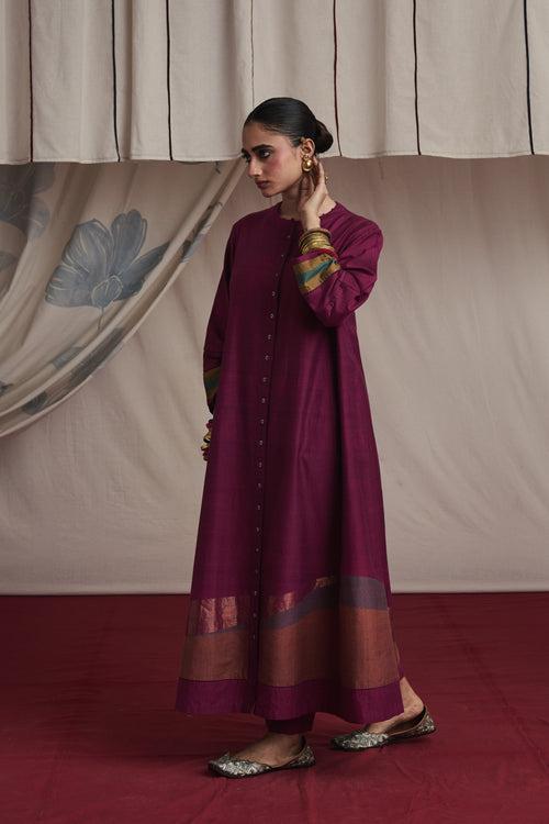 Magenta hand woven silk and khadi cotton jamdani Alaya kurta set.