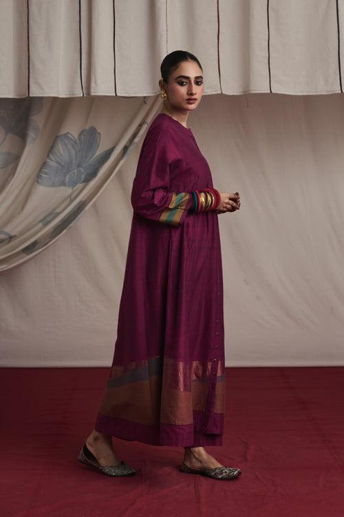 Magenta hand woven silk and khadi cotton jamdani Alaya kurta set.