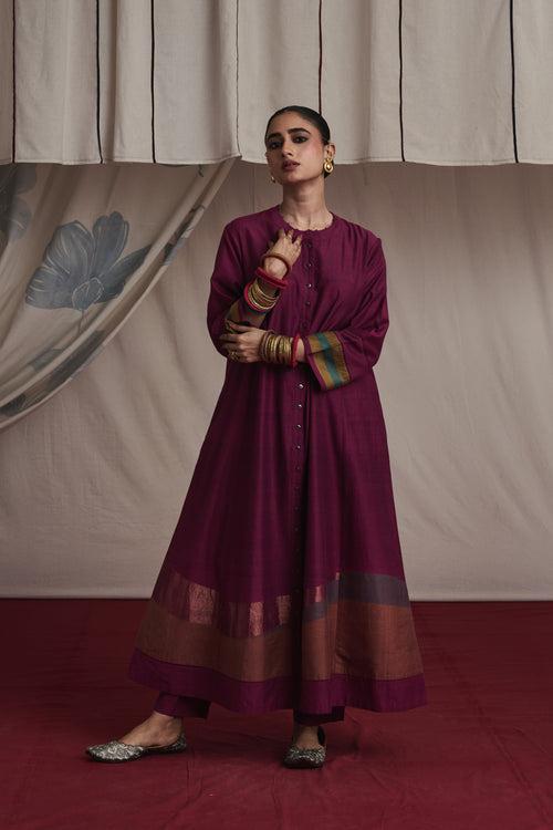 Magenta hand woven silk and khadi cotton jamdani Alaya kurta set.