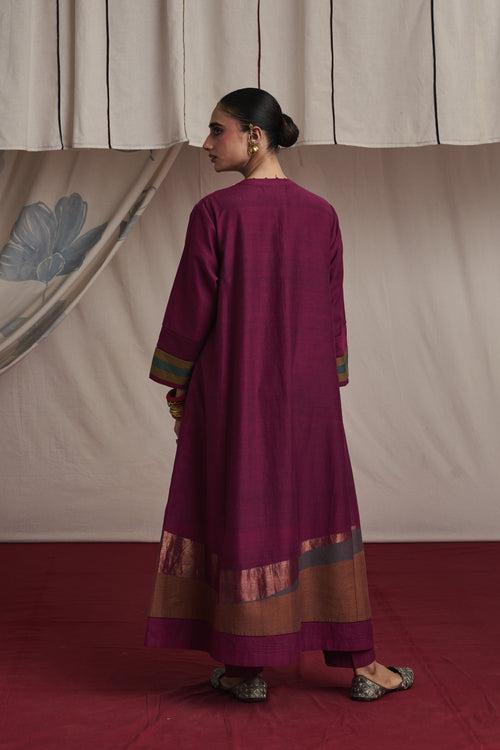 Magenta hand woven silk and khadi cotton jamdani Alaya kurta set.