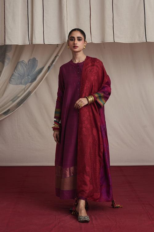 Magenta hand woven silk and khadi cotton jamdani Alaya kurta set.