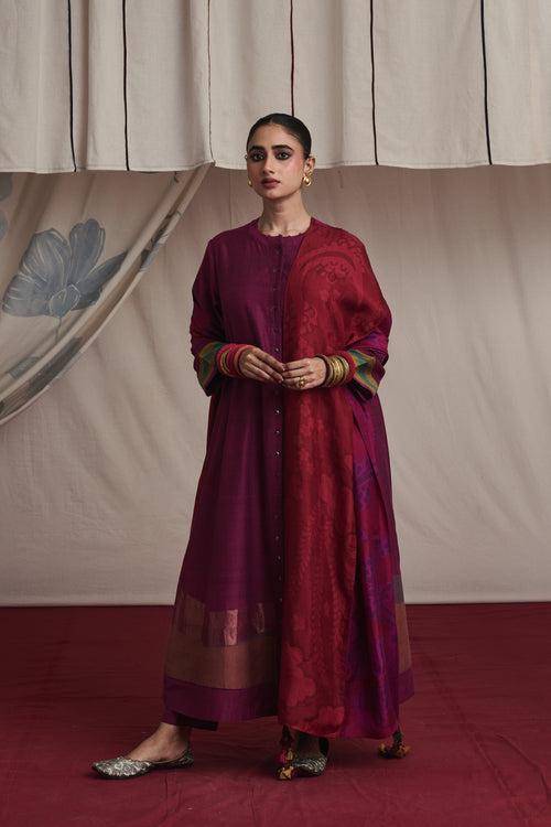 Magenta hand woven silk and khadi cotton jamdani Alaya kurta set.