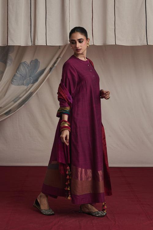 Magenta hand woven silk and khadi cotton jamdani Alaya kurta set.