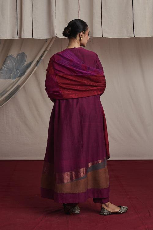 Magenta hand woven silk and khadi cotton jamdani Alaya kurta set.