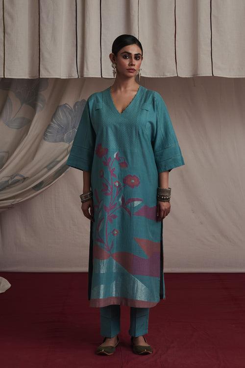 Ice blue hand woven silk and khadi cotton jamdani Avleen kurta set.