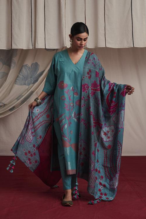 Ice blue hand woven silk and khadi cotton jamdani Avleen kurta set.